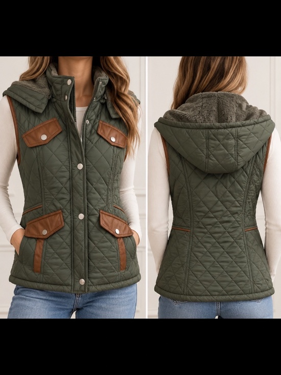 N/a Jackets & Blazers - Olive green quilted faux for line, hooded utility vest size medium